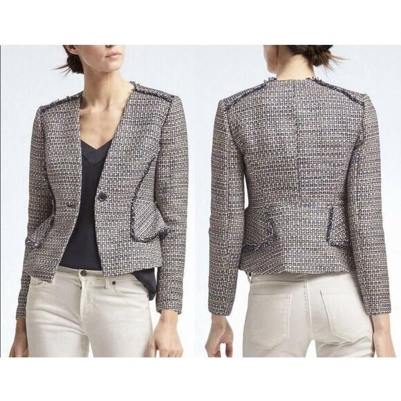Banana Republic size 4 NWT Blue Sequin Tweed Fringe Peplum Blazer Jacket - Picture 1 of 8
